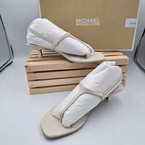 Michael KorsTasha  T-Strap Kitten Heel Sandals Womens 6M Cream MK Logo  Dressy